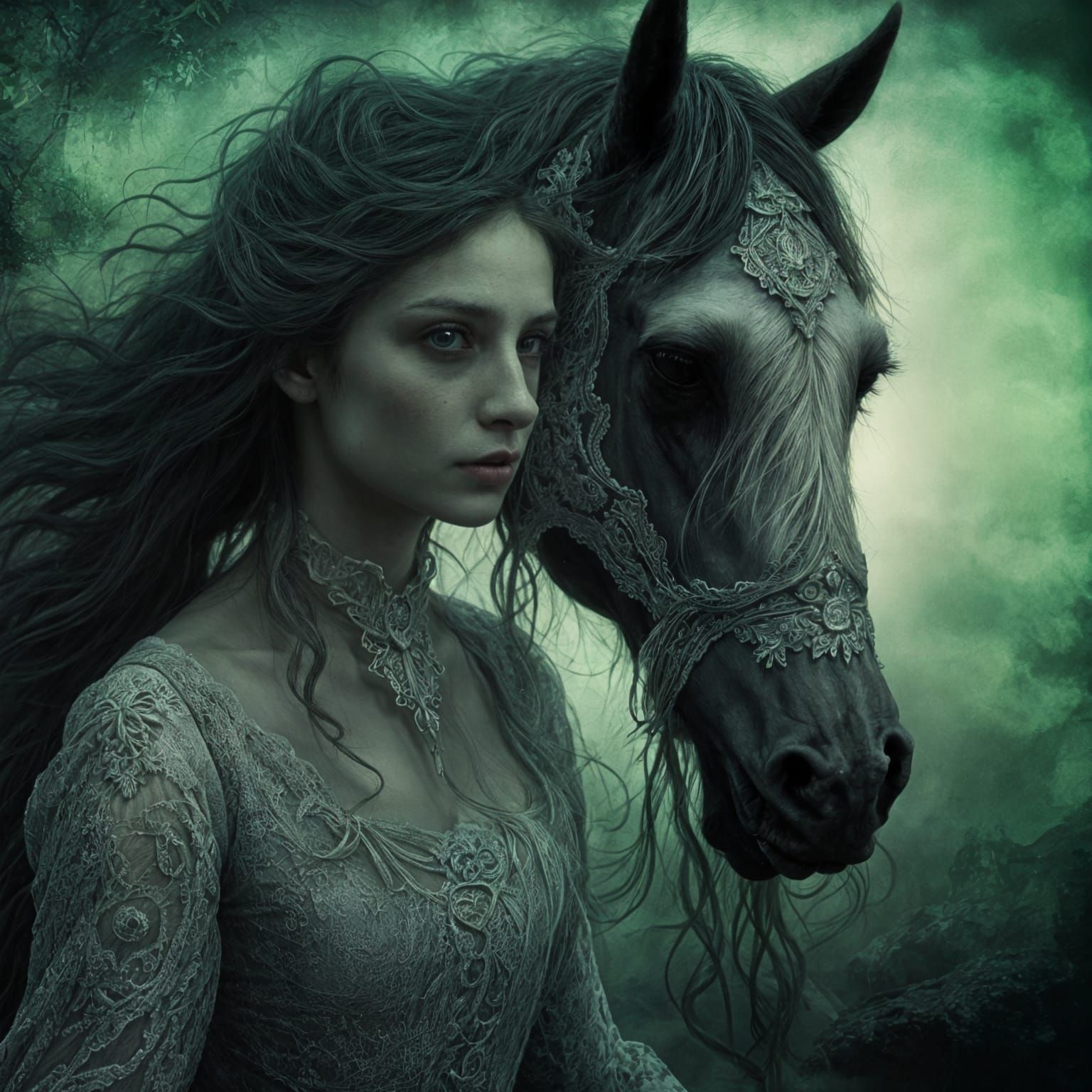 Surreal Goddess of Death Rides a Revenant in an Ethereal Dar...