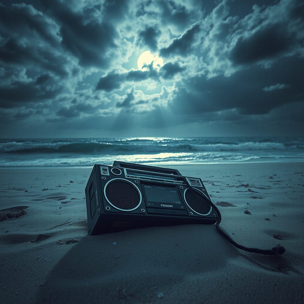 Midnight Dystopian Beach with Abandoned Boombox