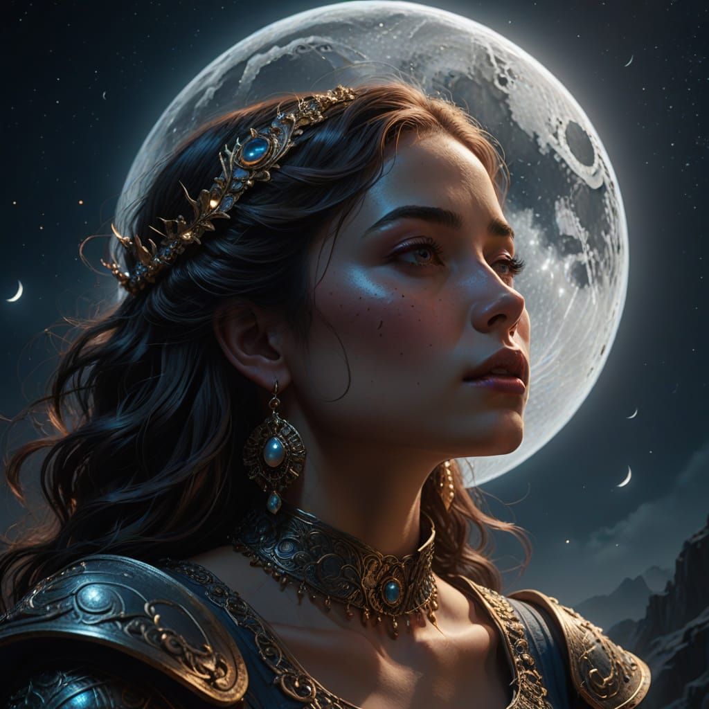 Woman Kisses Luminous Moon in Ethereal Digital Art