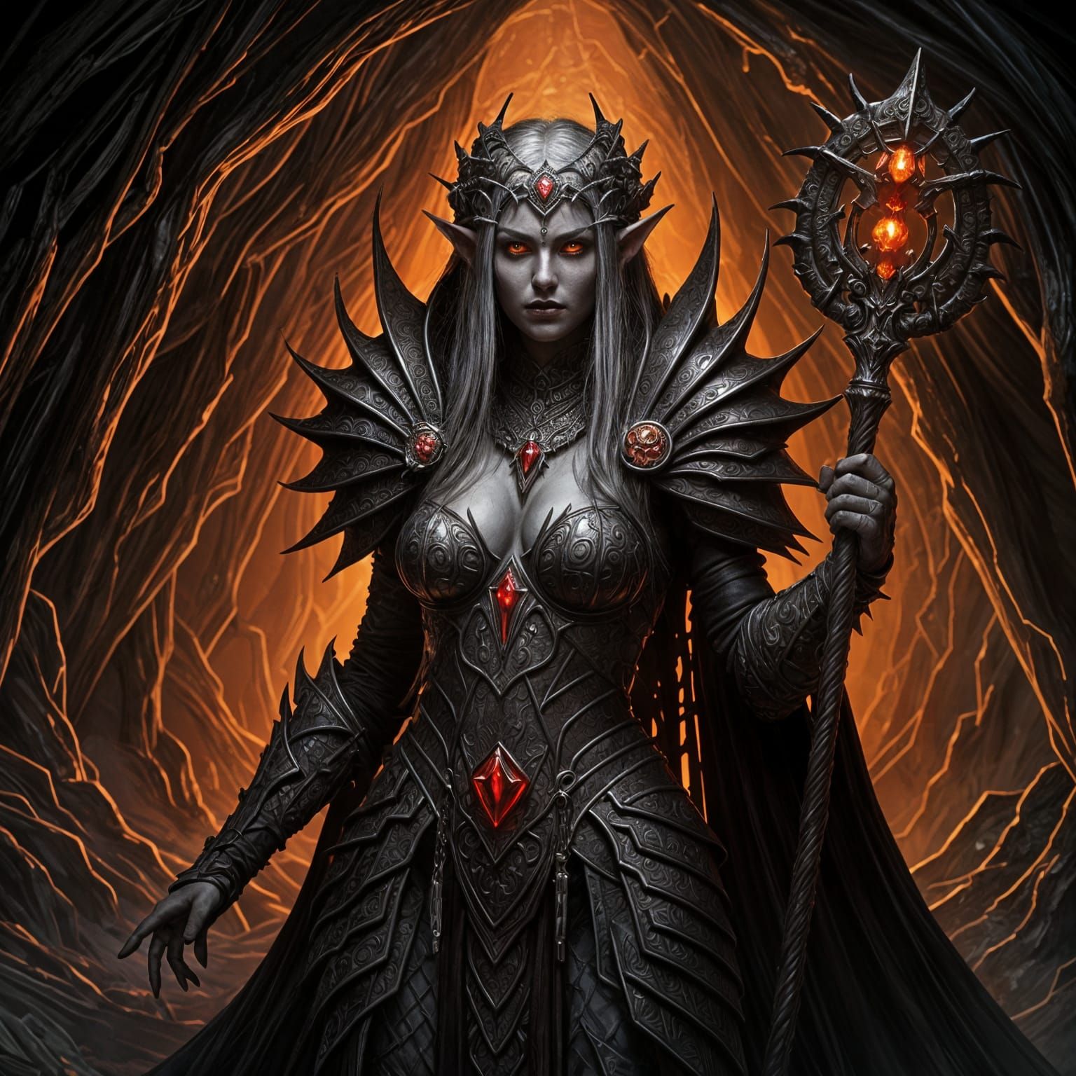 Dark Elf Priestess in Obsidian Temple, Fantasy Art