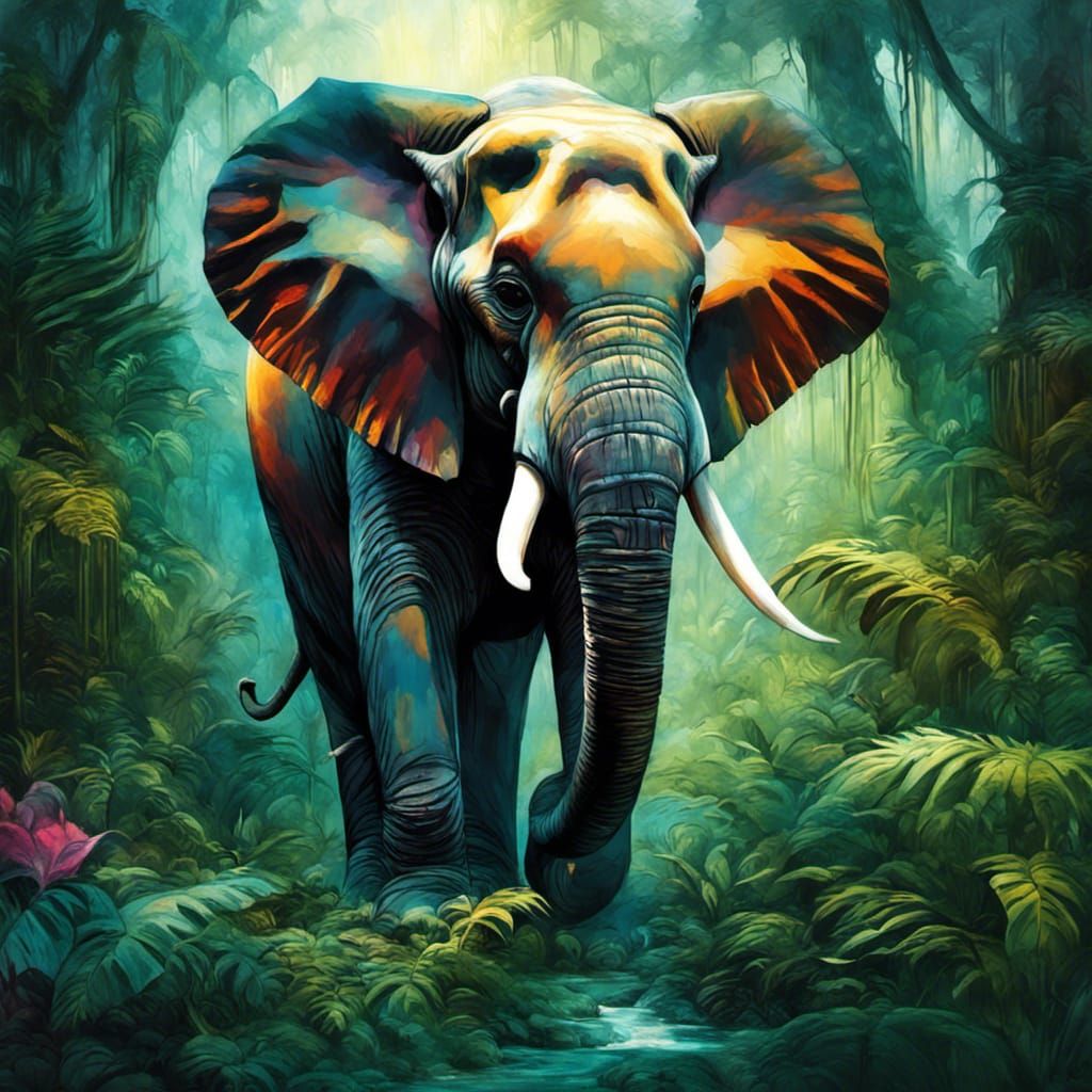 Robotic Elephant in Surreal Jungle Landscape
