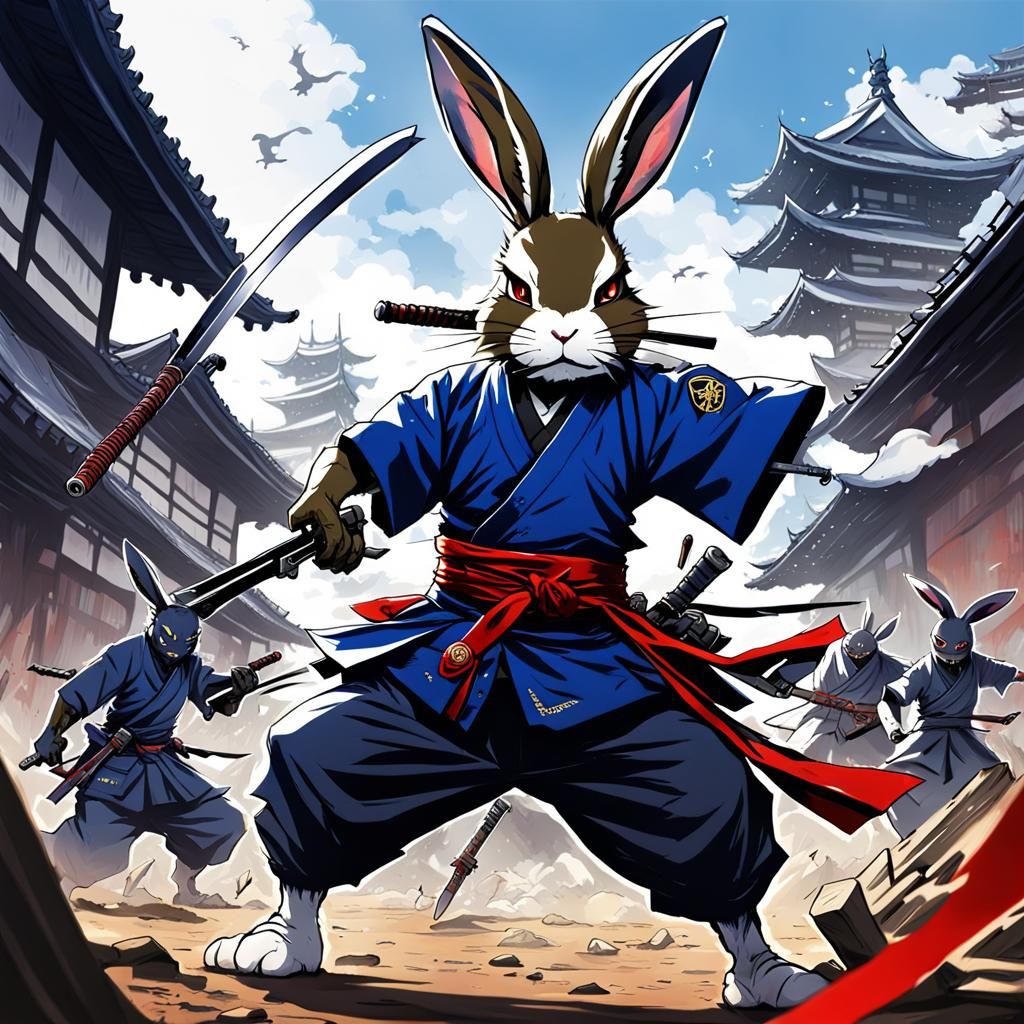 Zombie Samurai vs Ninja Rabbit Demons in Anime Style