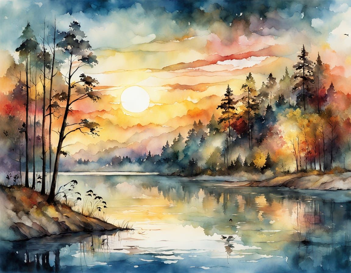 Serene Forest Lake at Sunset in Watercolor and Alcohol Ink