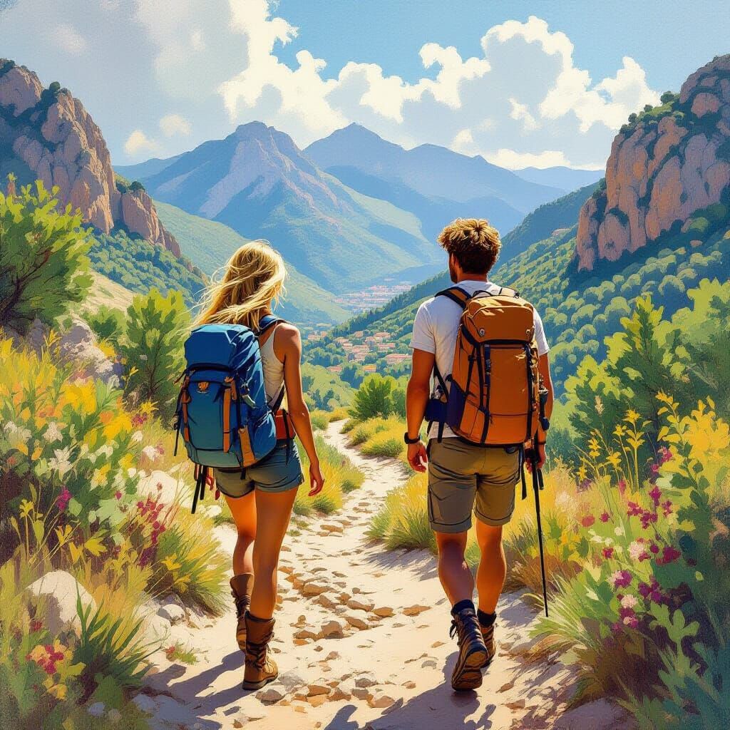 Couple Hiking in Corsican Mountains, Lush Greenery