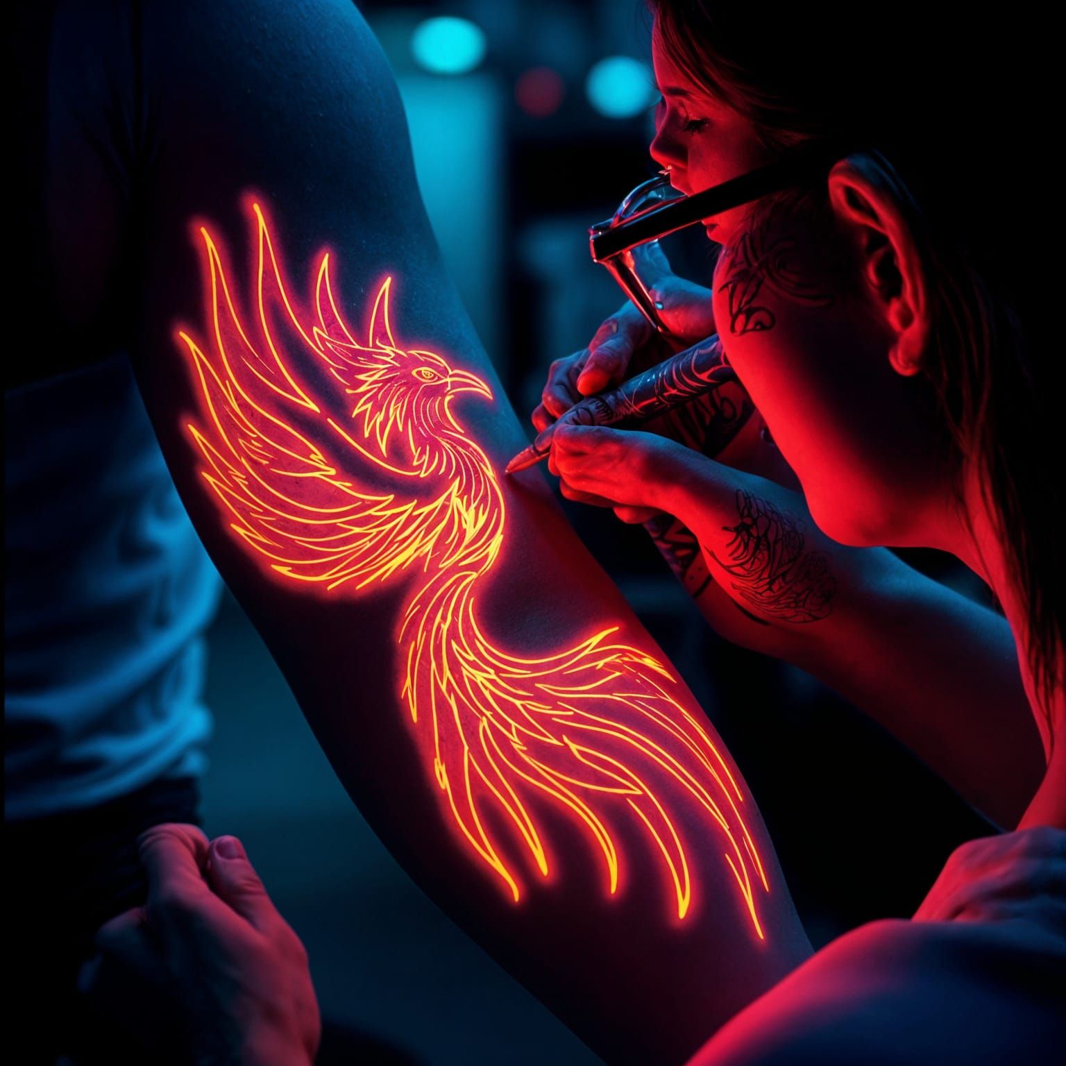 Futuristic Tattoo Artist Creates Neon Phoenix