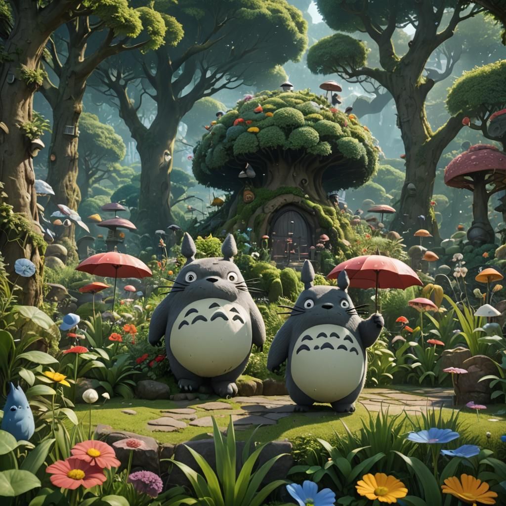 Totoro Dancing in a Fantastical Garden