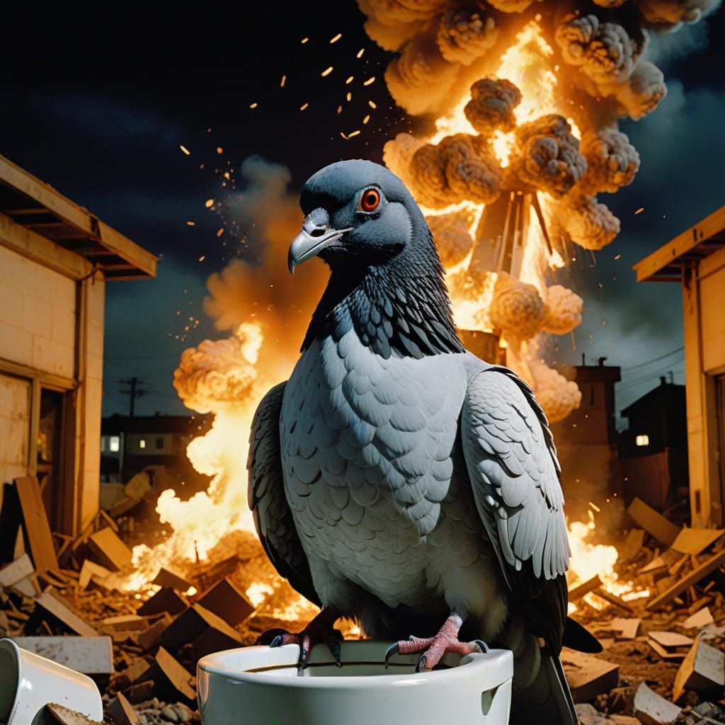 Surreal Pigeon in Nuclear Apocalypse Eats KFC