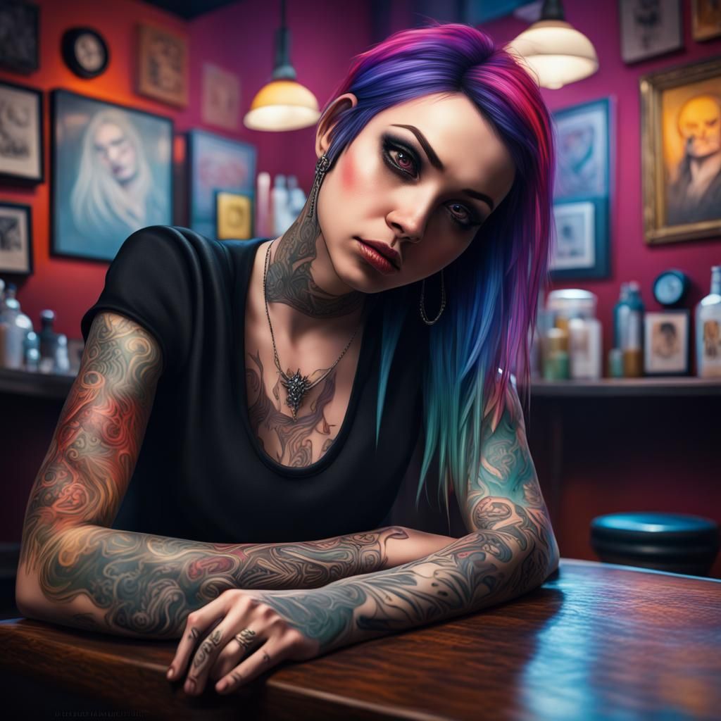 Emo Goth Woman in Tattoo Parlor