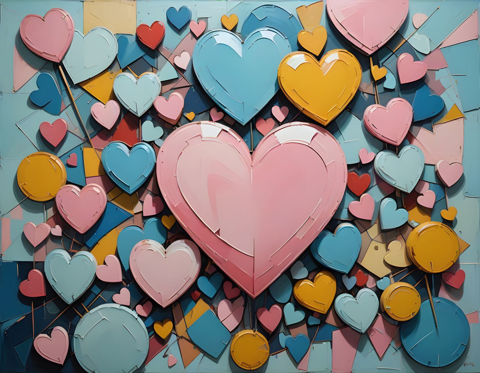 Soft Pink and Baby Blue Cubist Hearts in Pastel Hues