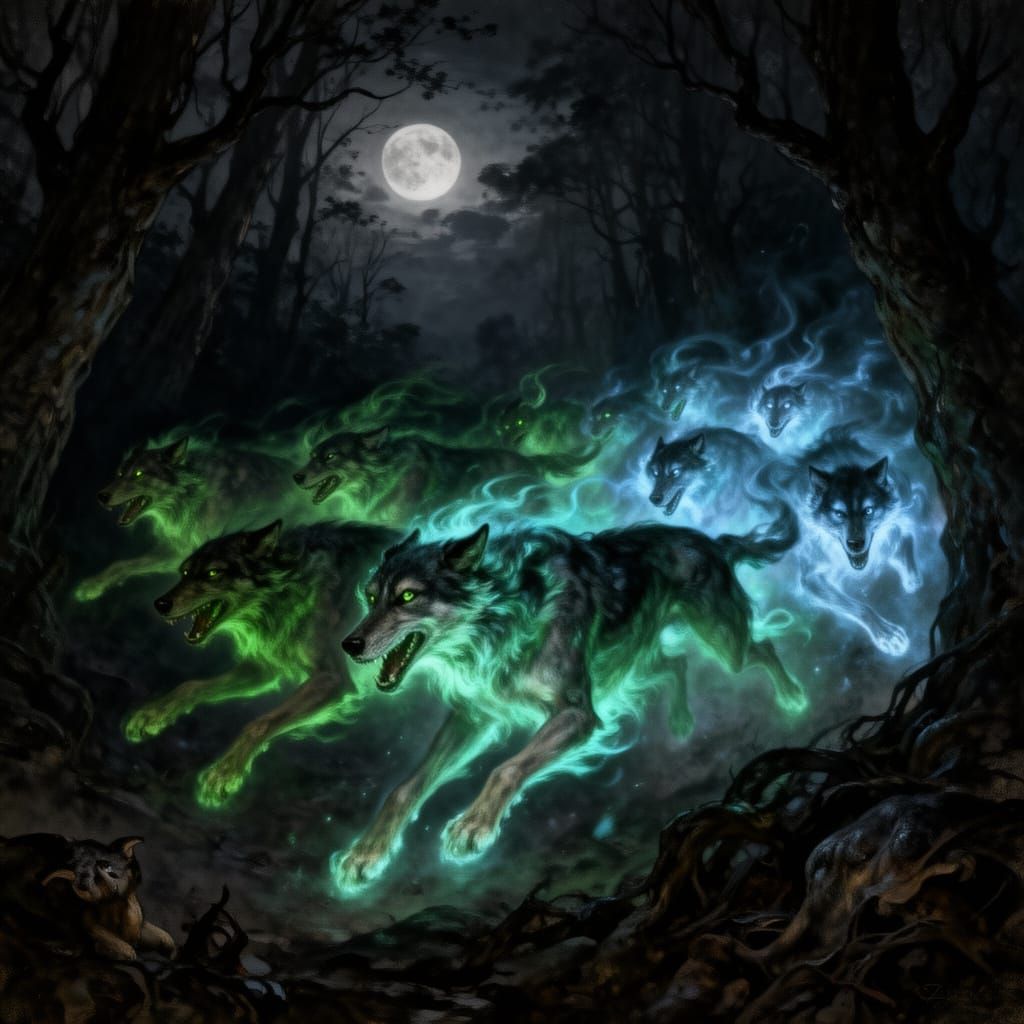 Spectral Hounds Hunt Through Moonlit Forest
