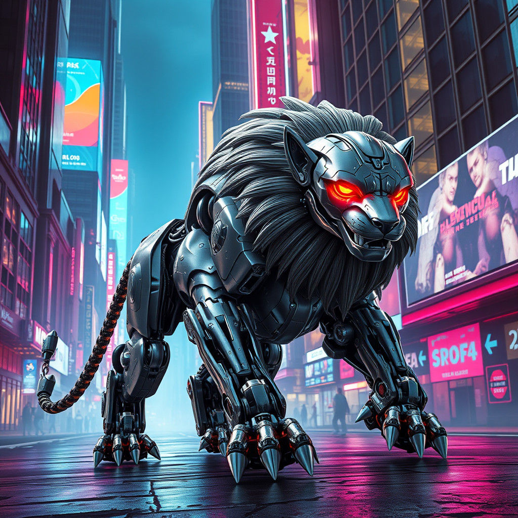 Cyberpunk Robot Lion Prowls Neon City