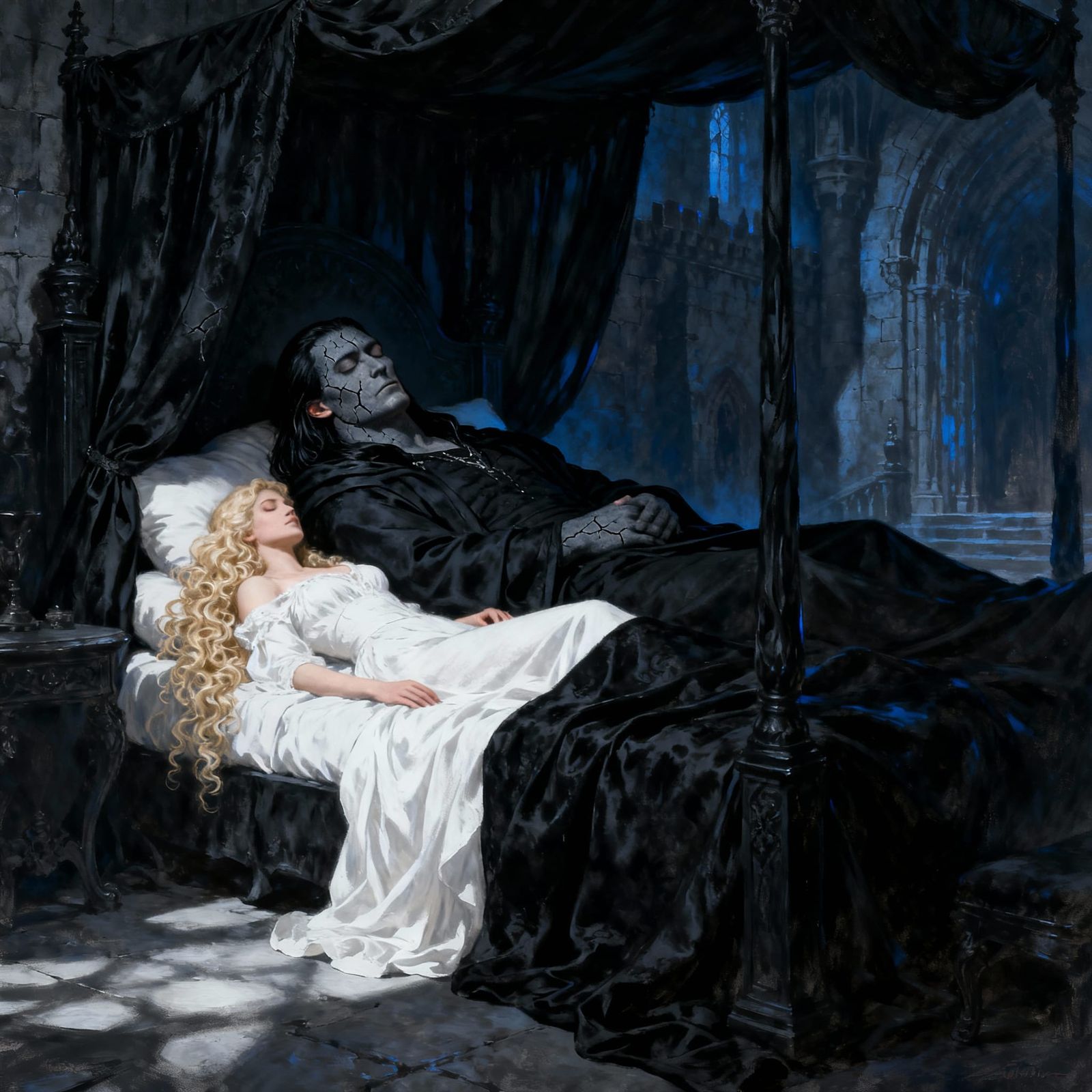 Dark Fantasy Scene: Sleeping Warrior and Woman in Castle