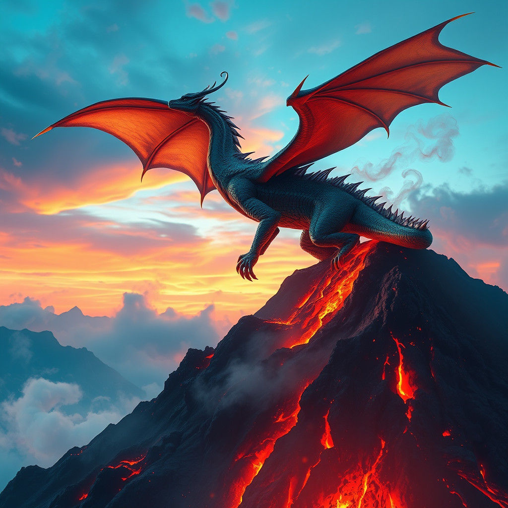 Dragon Perched Atop Volcano in High-Fantasy Style