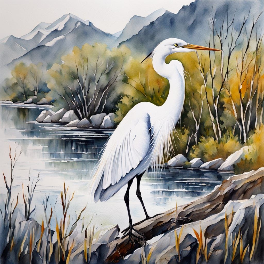 Hyperdetailed Gouache Painting of White Heron