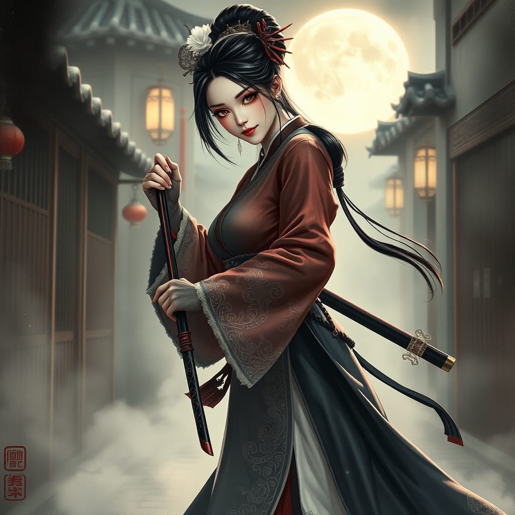 Mystical Female Assassin in Hanfu, Qin Dynasty Style
