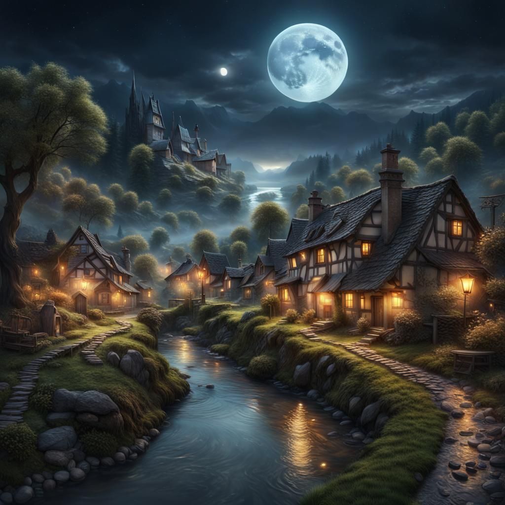 Moonlit Village: Dramatic Digital Matte Painting