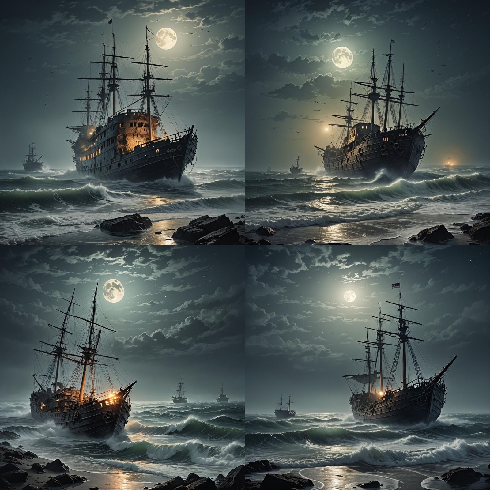 Eerie Shipwreck Under Moonlight in Sinister Style