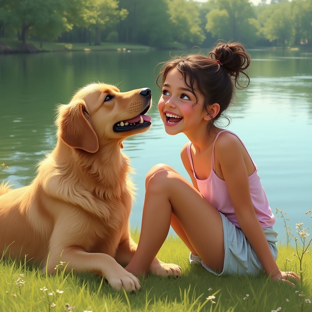 Young Girl Laughs with Her Loyal Dog by a Serene Lake
