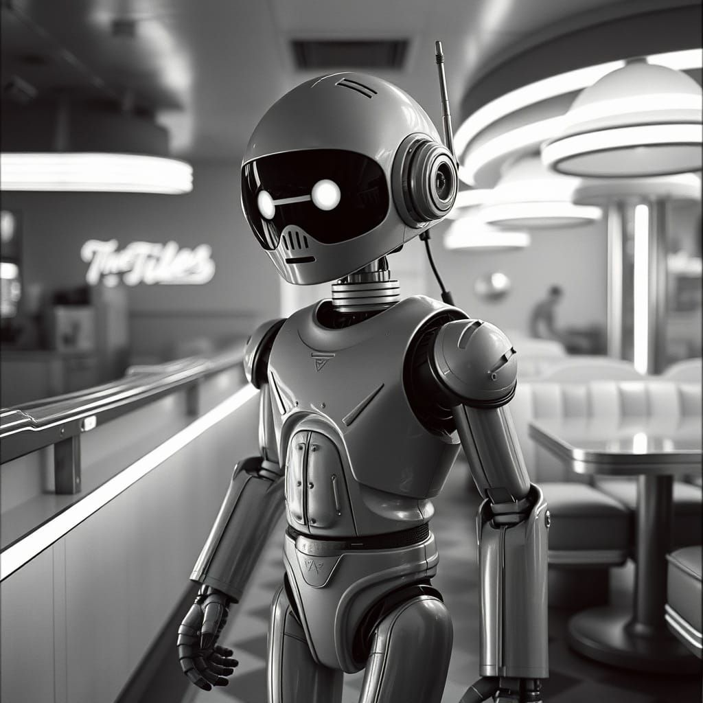 Retro Robot in Fifties Diner, Film Noir Style