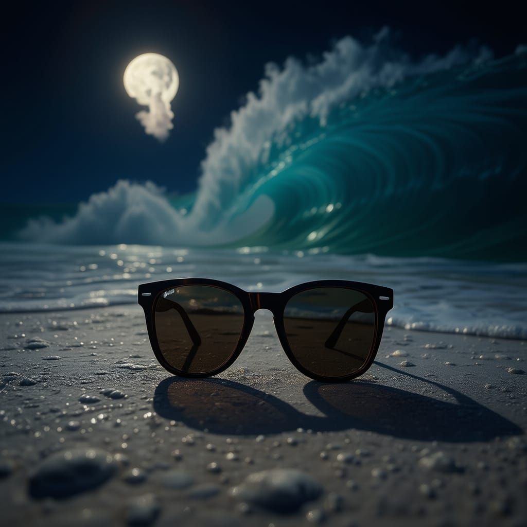 Sunglasses Reflecting Wave on Beach in Photorealistic Style