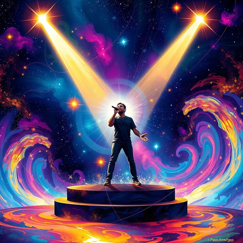 Singer on Starlight Stage with Cosmic Energy Waves