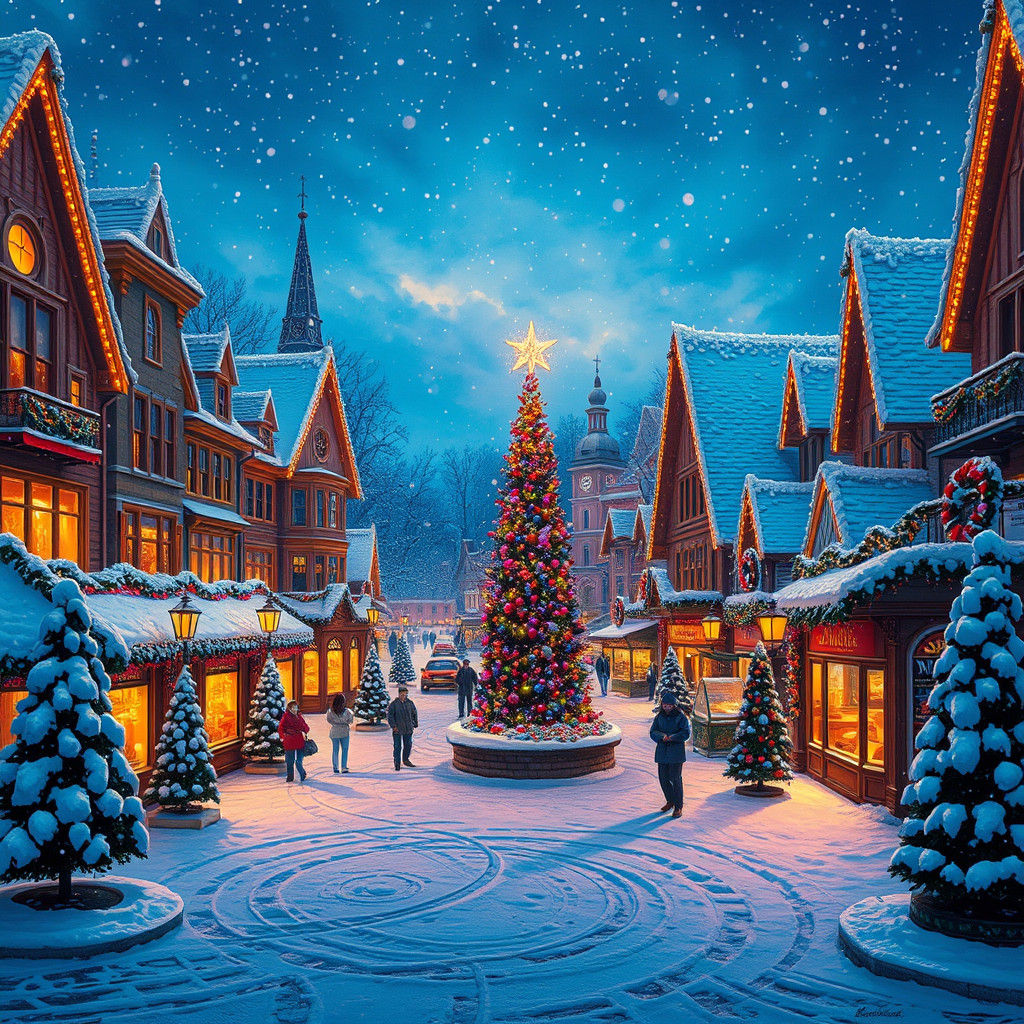 Christmas Town Square Aglow with Swirling Lights