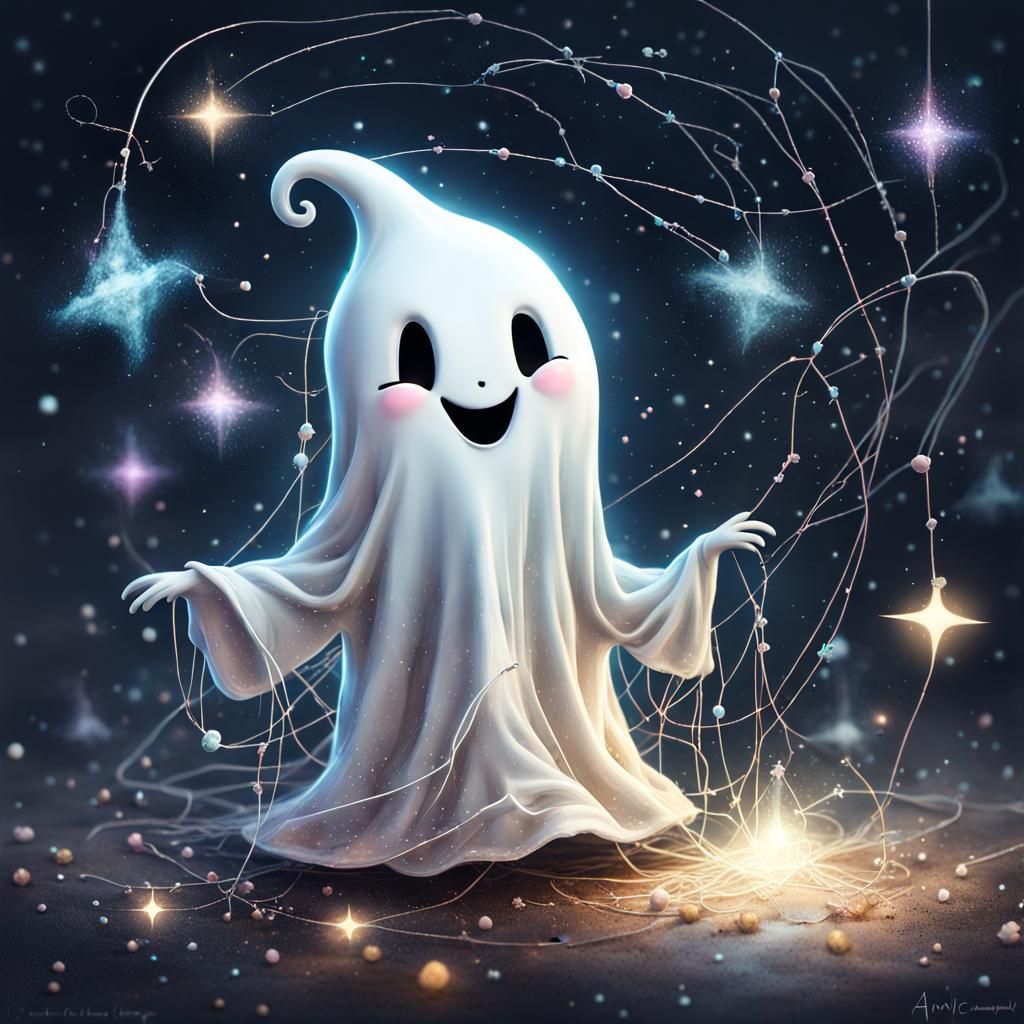 Cute Ghost Sprinkling Stardust: Maximalist Digital Art