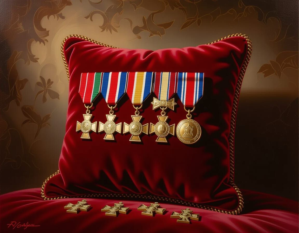 Crimson Velvet Cushion with Military Decorations in Oil Pain...