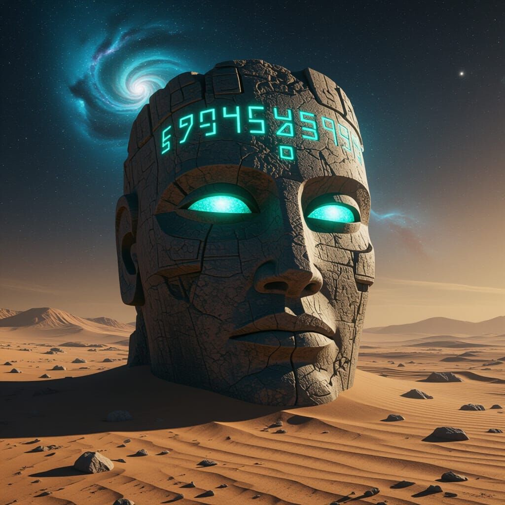Ancient Stone Head in Alien Desert Under Nebula Sky