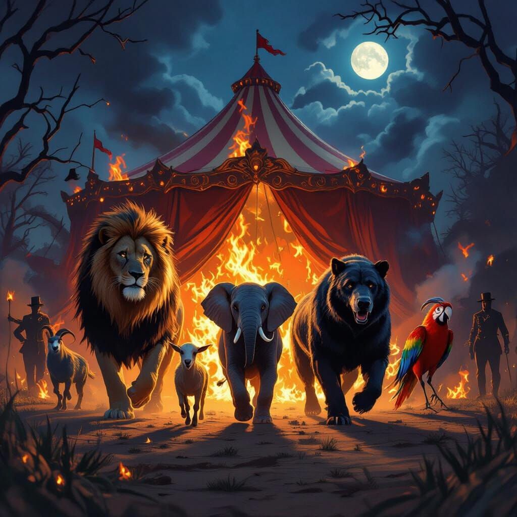 Animals Escape Burning Carnival Tent in Painterly Style