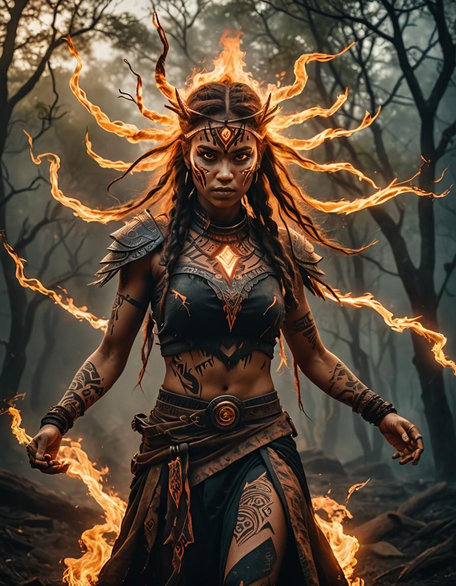 Photorealistic Fire Tribe Girl with Fire Spirit