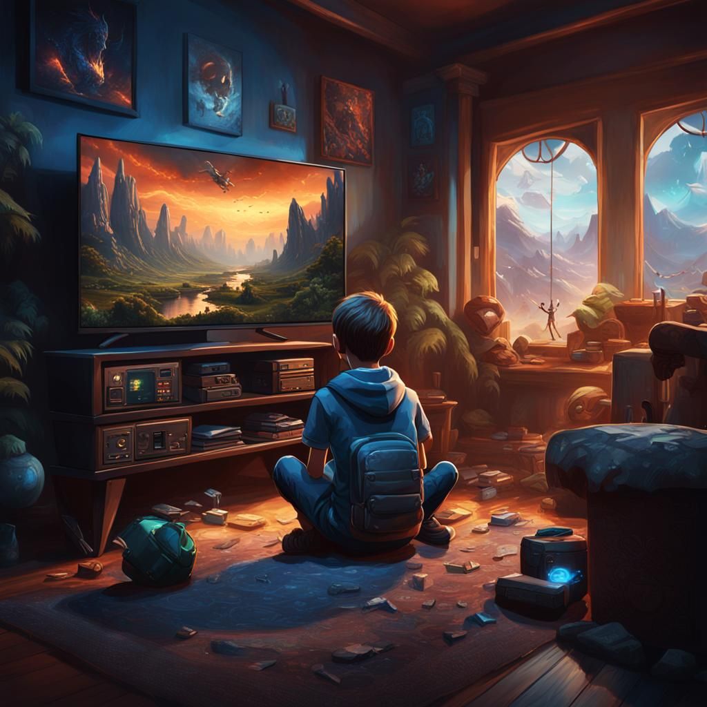 Boy Playing Video Games: Detailed Matte Painting