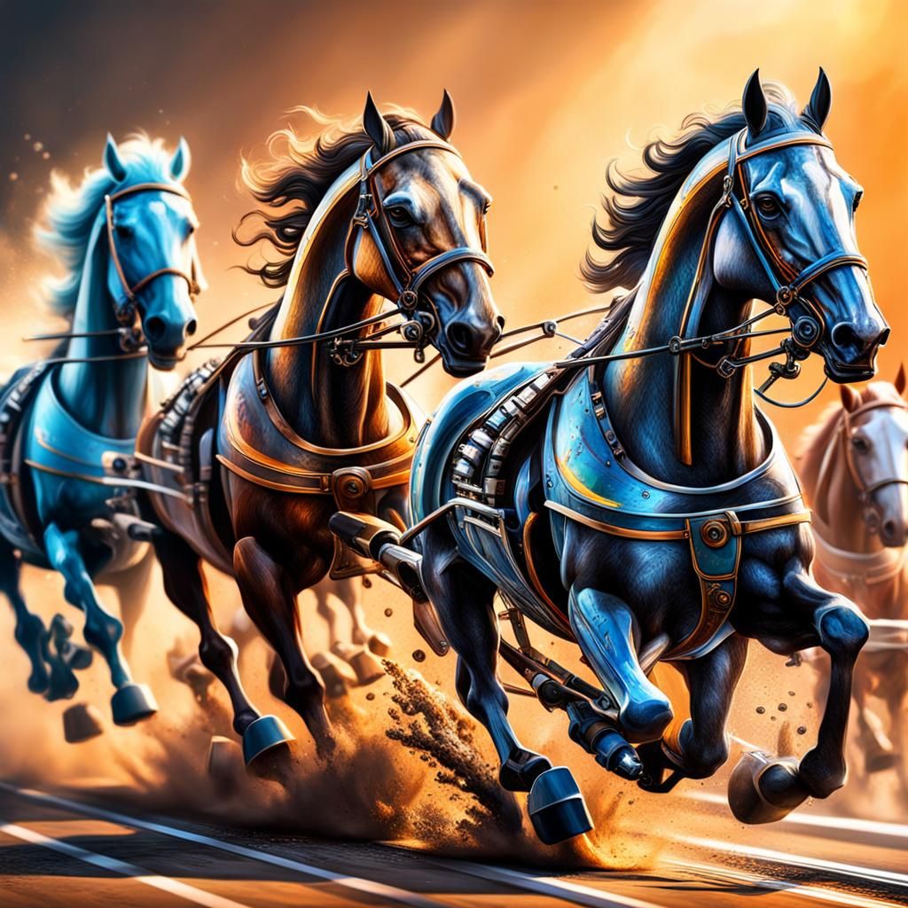 Mechanical Horses Racing: Hyperrealistic Splash Art