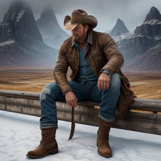 Toned Cowboy Amidst Majestic Snow-Capped Mountains in a Fant...