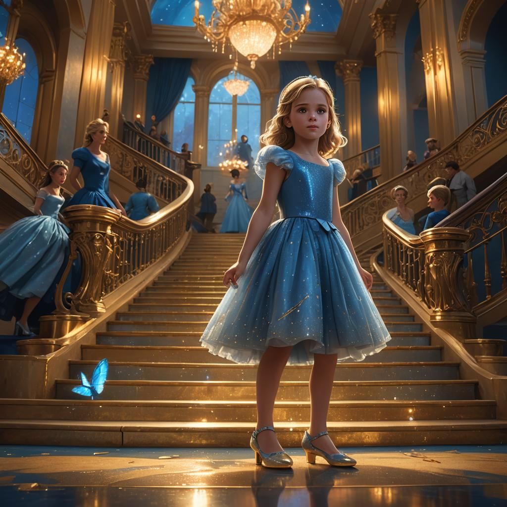 Little Girl Cinderella on Golden Staircase: Fantasy Art