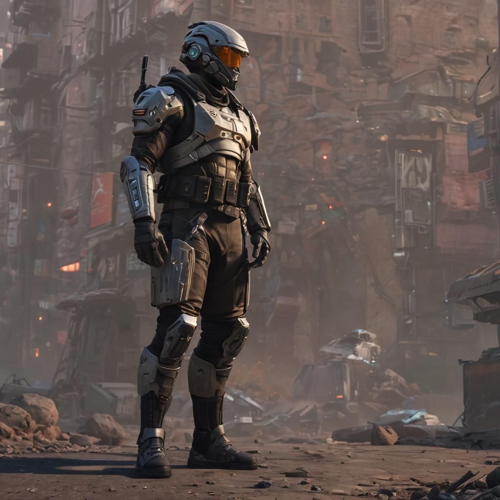 Futuristic Rebel Soldier in Cyberpunk City