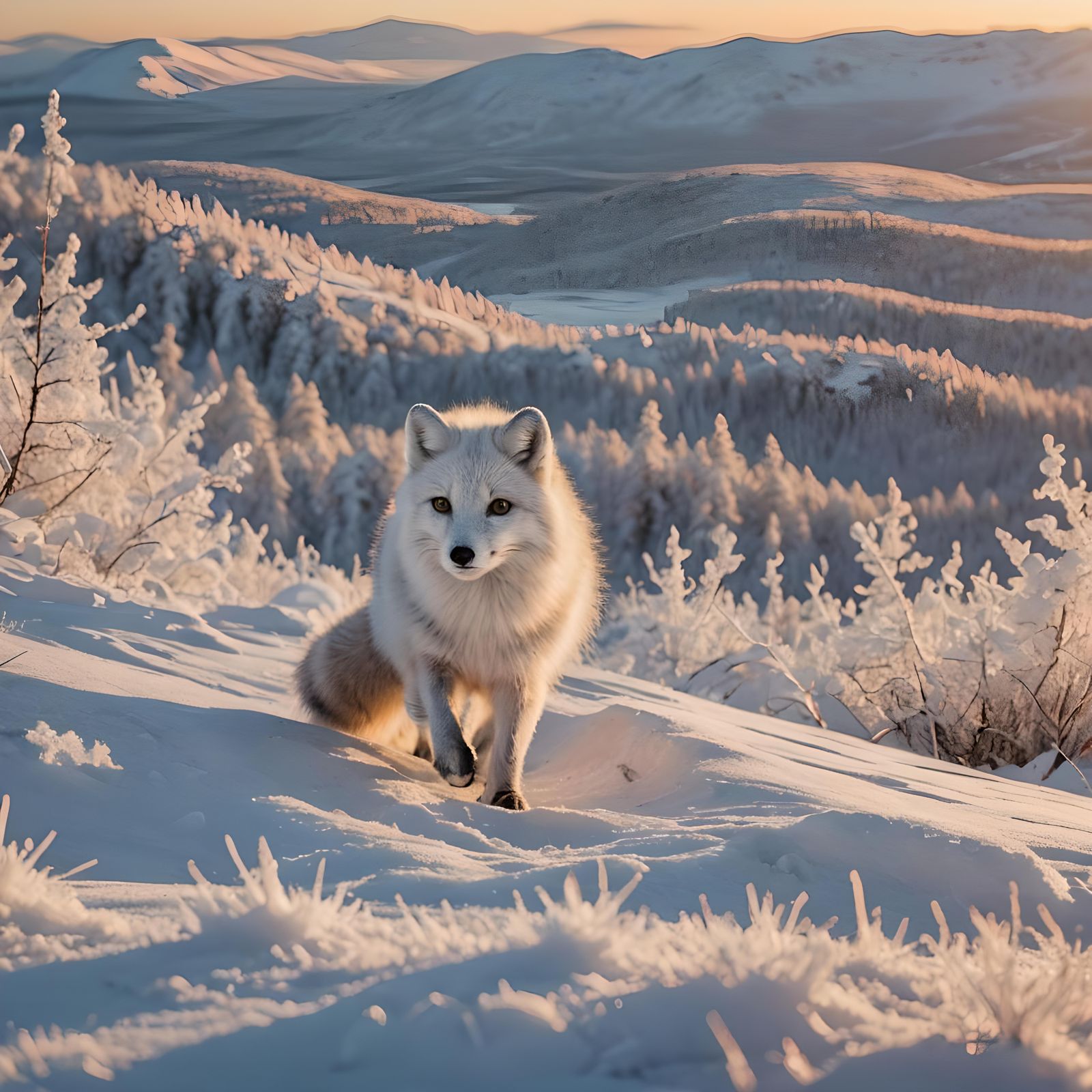 Arctic Fox on the Hunt in Snowy Mountains