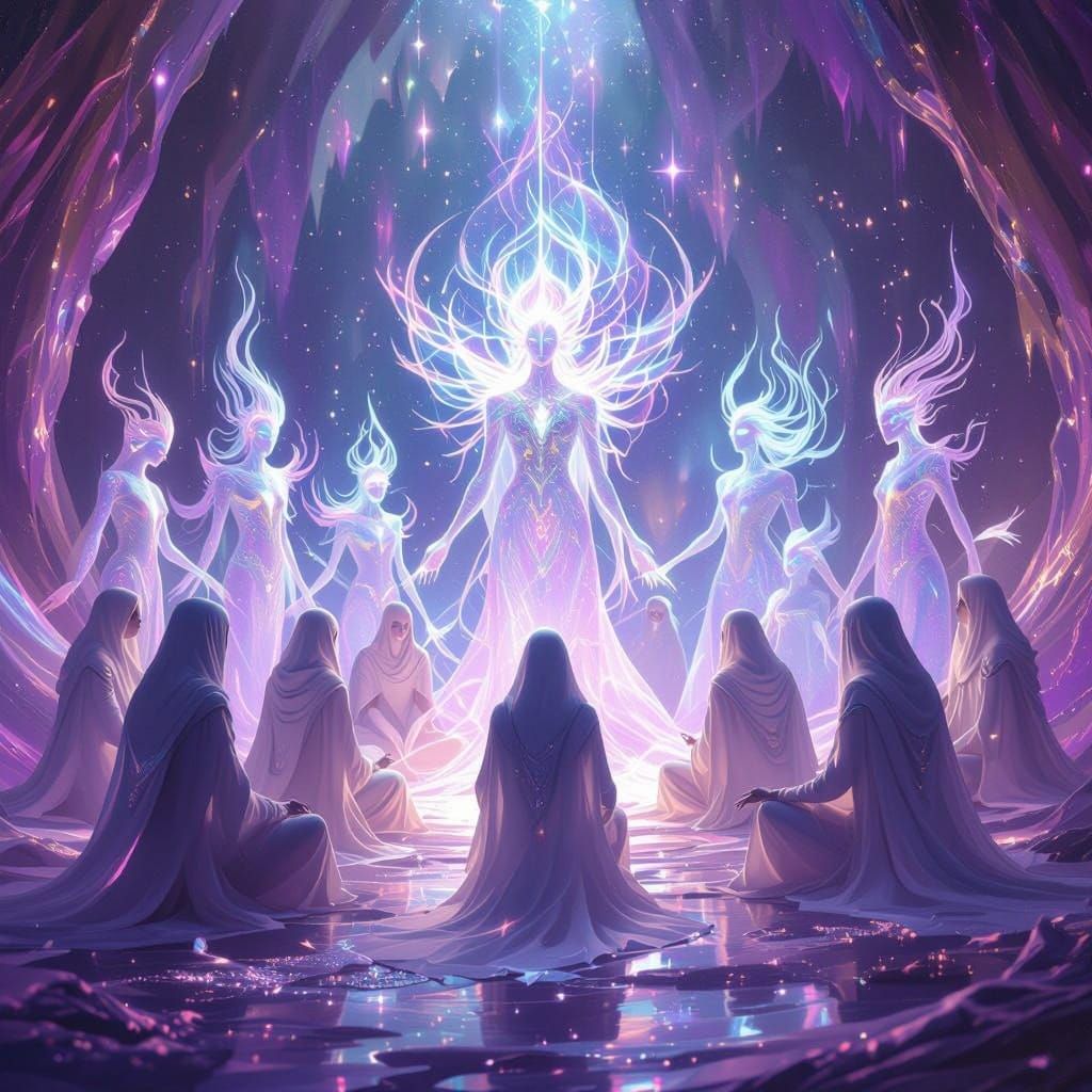 Ethereal Beings Convene in Iridescent Realm