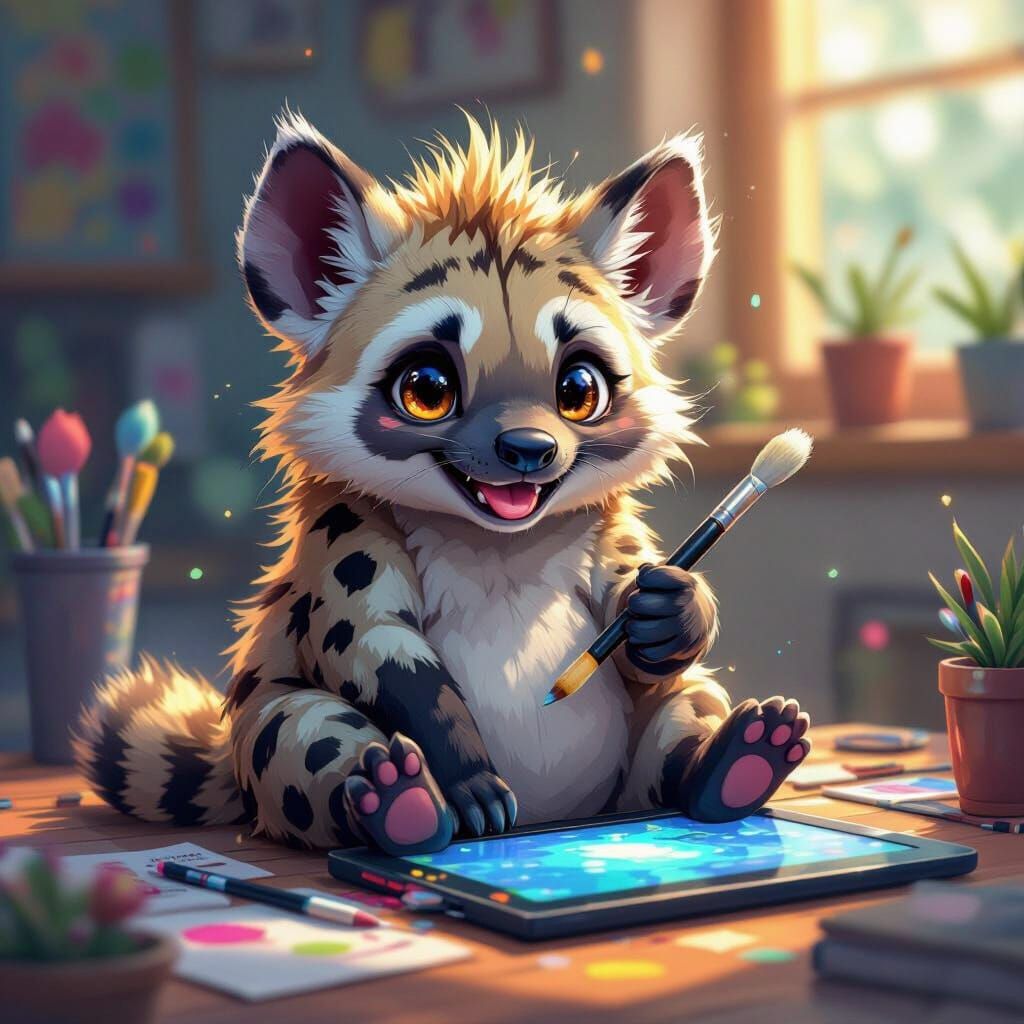 Whimsical Hyena-Skink Creature with Art Brush