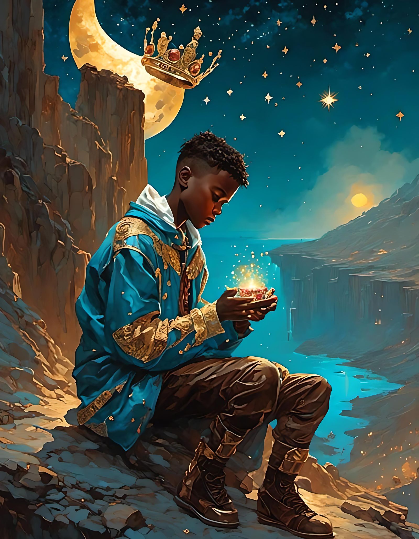 Lonely Boy with Crown Under Holographic Moon