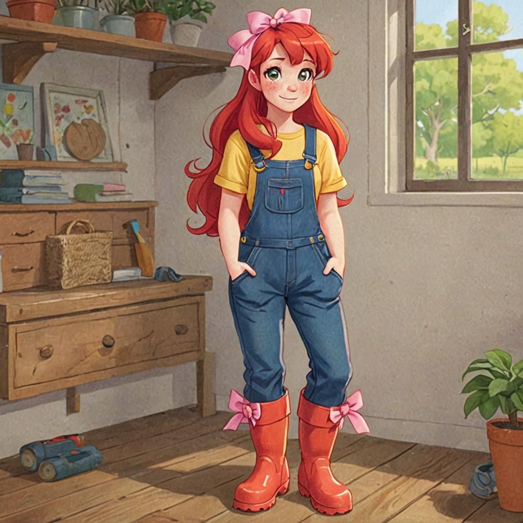 Girl with Red Hair in Overalls and Boots