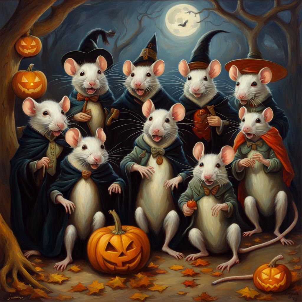 Anthropomorphic Rats Celebrate Halloween as Oil Painting