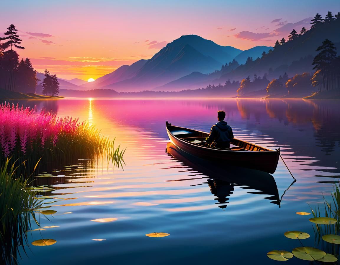 Serene Sunset Lake Watercolor Painting