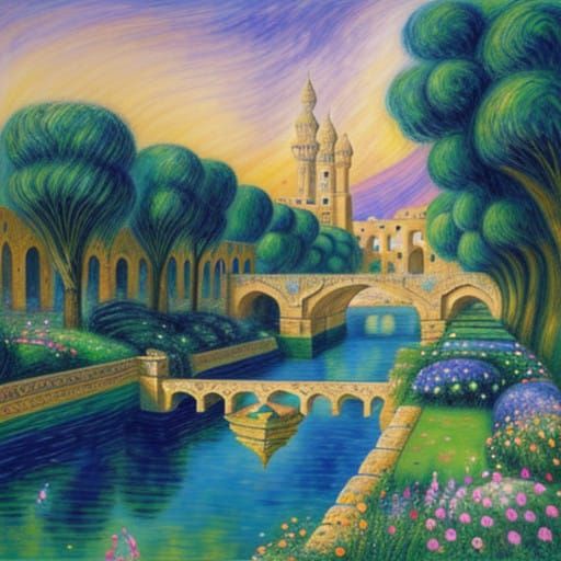 Ancient Babylon Landscape in Chagall-Inspired Style