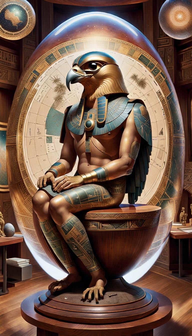 God Horus Gazing at Cosmos Maps in Vessel