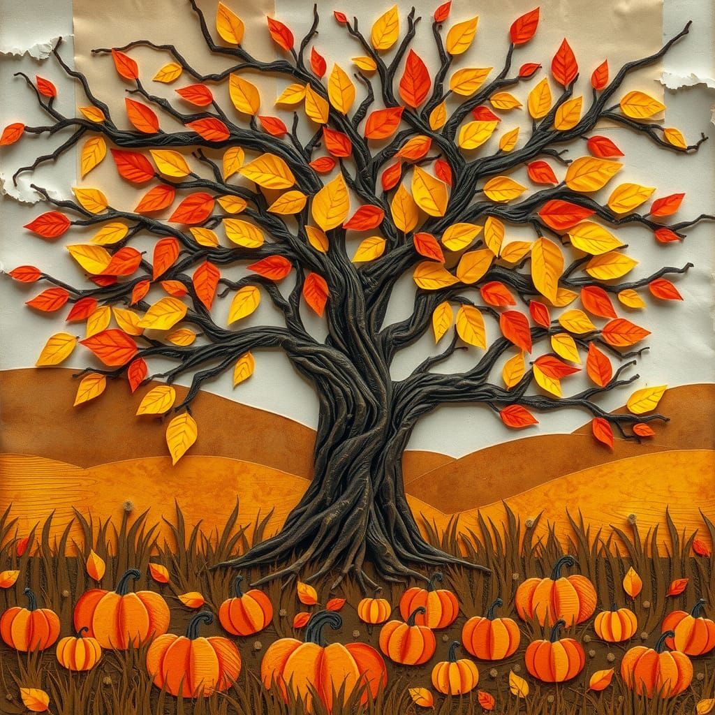 Autumn tree n pumpkins