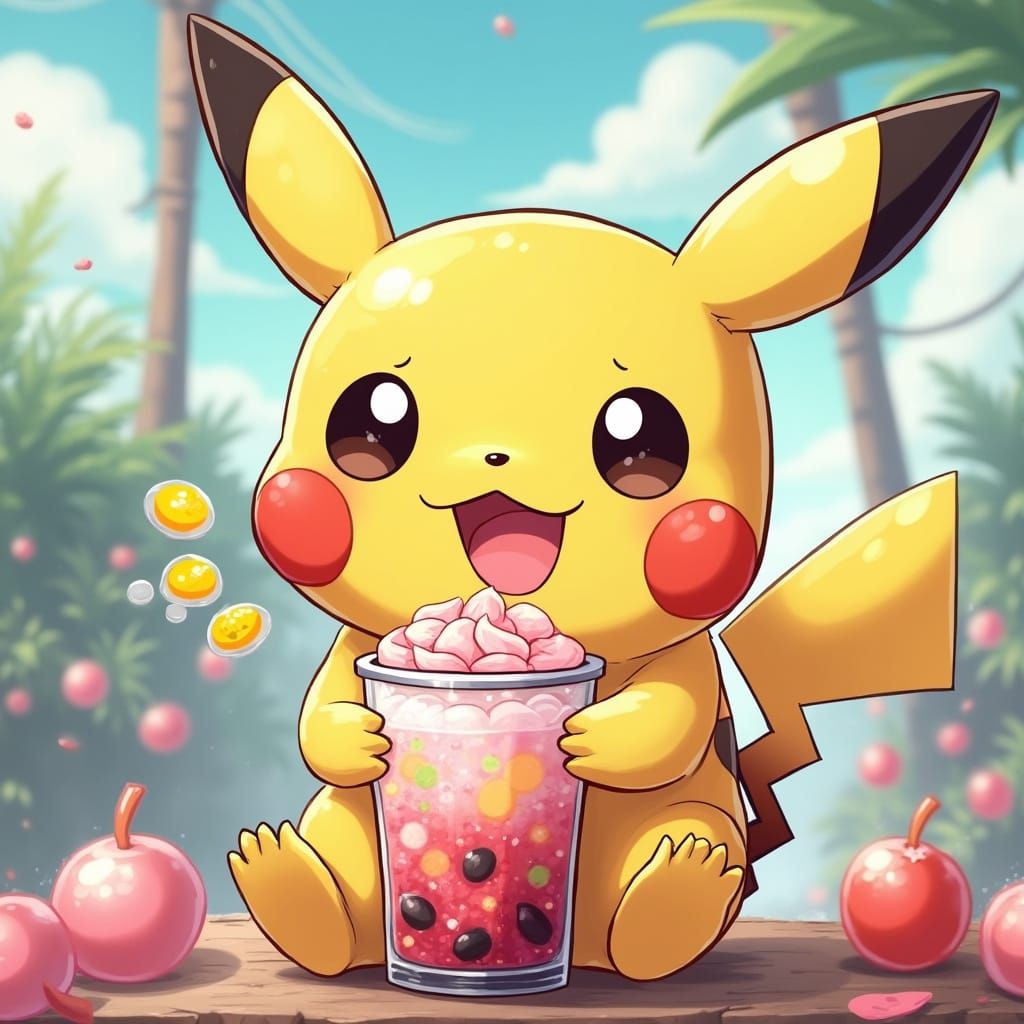 Pikachu Savoring Colorful Boba in Vibrant Anime Style