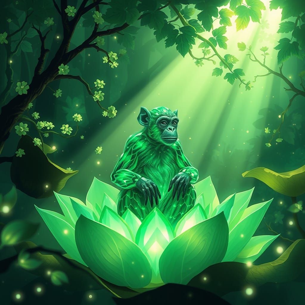 Emerald Crystal Monkey in Lotus Flower, Fantasy Art
