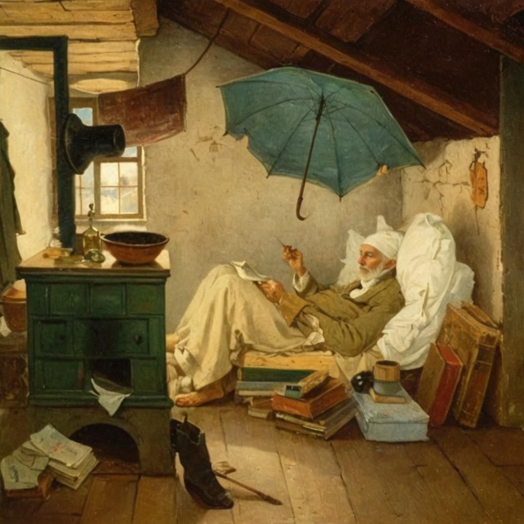 Inspired by the Painting from Carl Spitzweg the poor poet. Attic room full of junk, old wooden cupboards by the bed, an ...