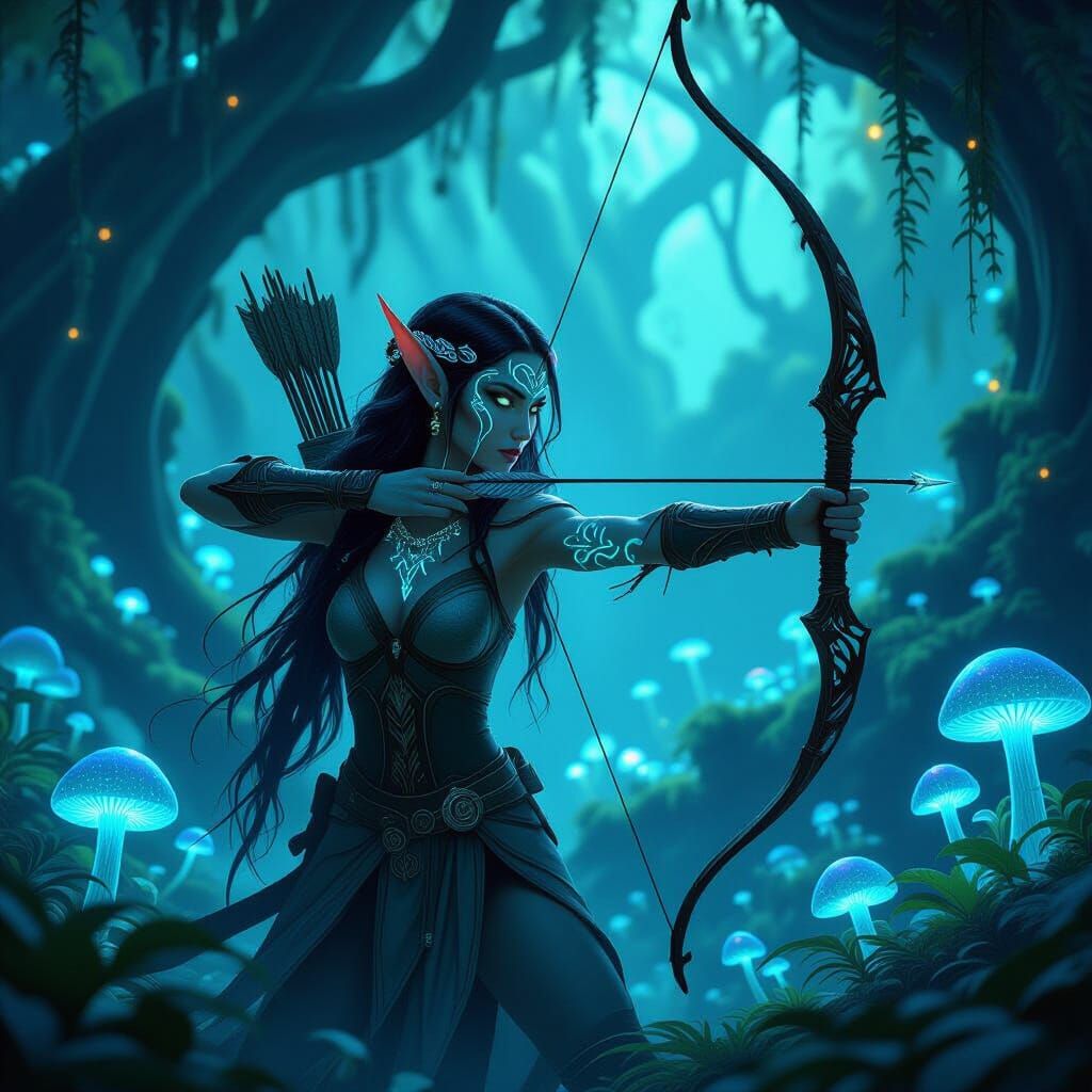 Ethereal Elf Archer in Bioluminescent Fungal Forest